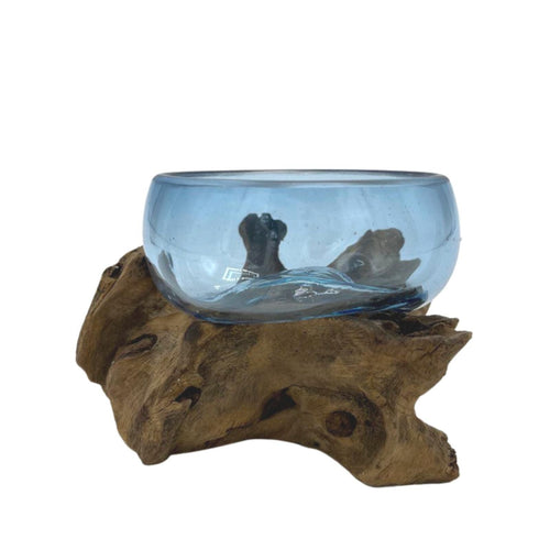Molten Glass on Wood Bowl, Mini Blue (Hand-Blown Recycled Glass) - Molten Root