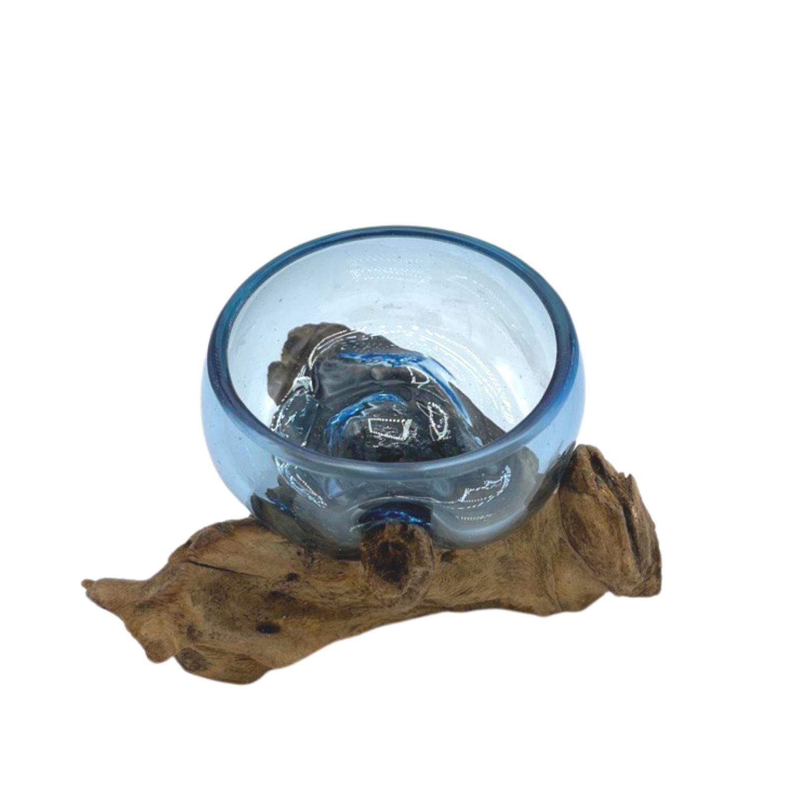 Molten Glass on Wood Bowl, Mini Blue (Hand-Blown Recycled Glass) - Molten Root