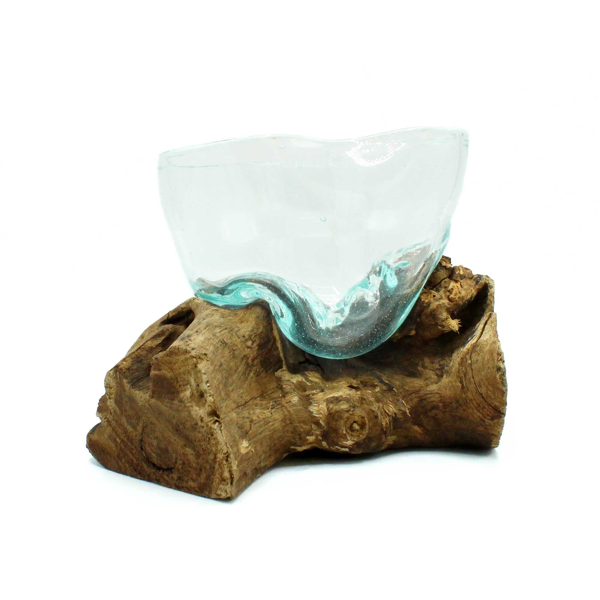 Molten Glass on Wood Bowl, Misshapen (Hand-Blown Recycled Glass) - Molten Root