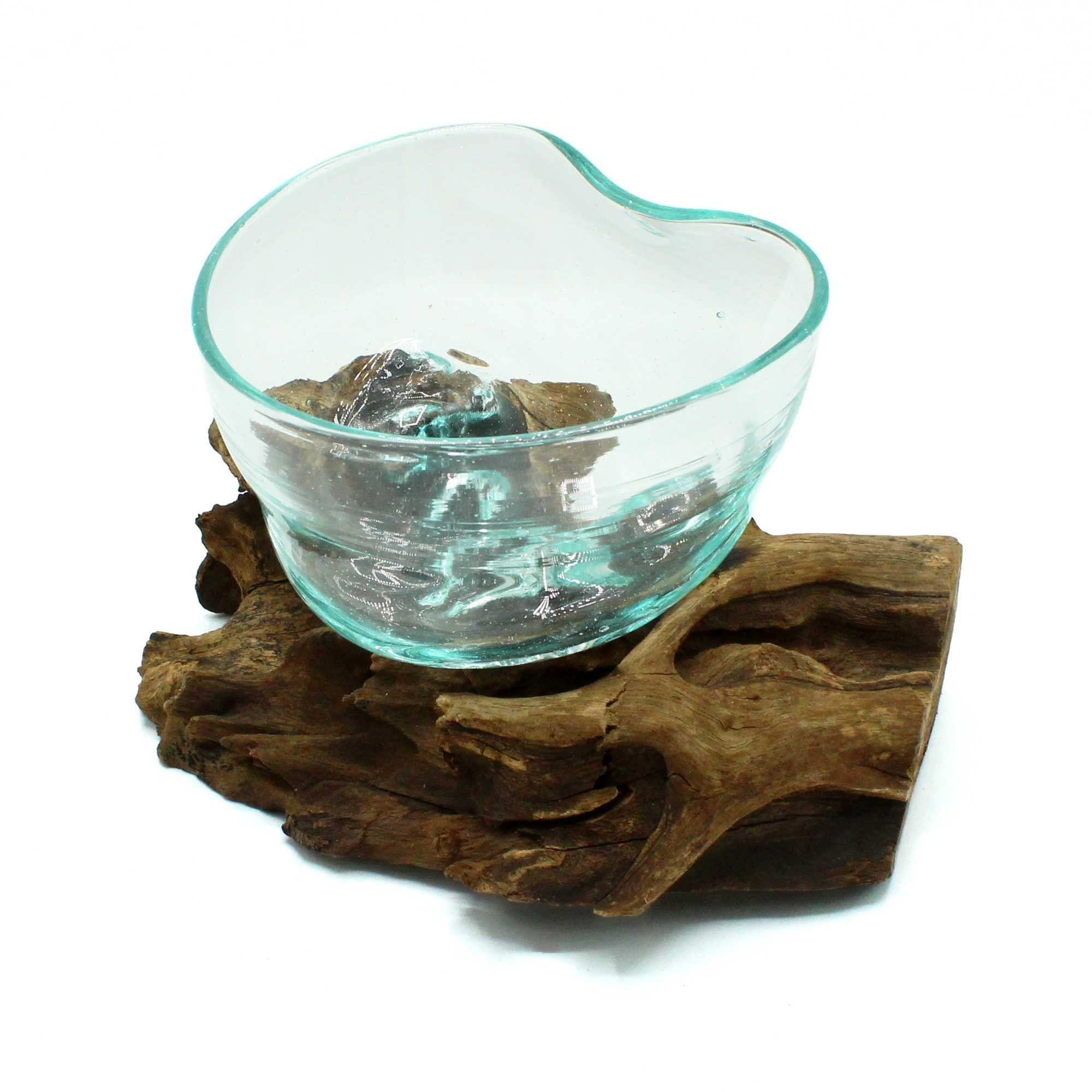 Molten Glass on Wood Bowl, Misshapen (Hand-Blown Recycled Glass) - Molten Root