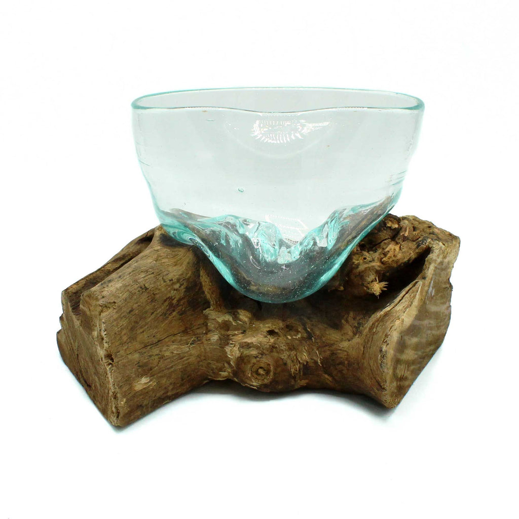 Molten Glass on Wood Bowl, Misshapen (Hand-Blown Recycled Glass) - Molten Root