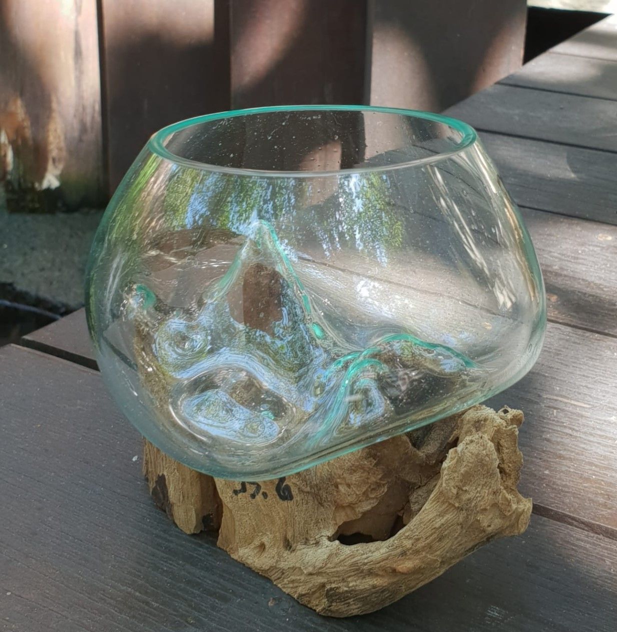 Molten Glass on Wood Bowl, Small (Hand-Blown Recycled Glass) - Molten Root