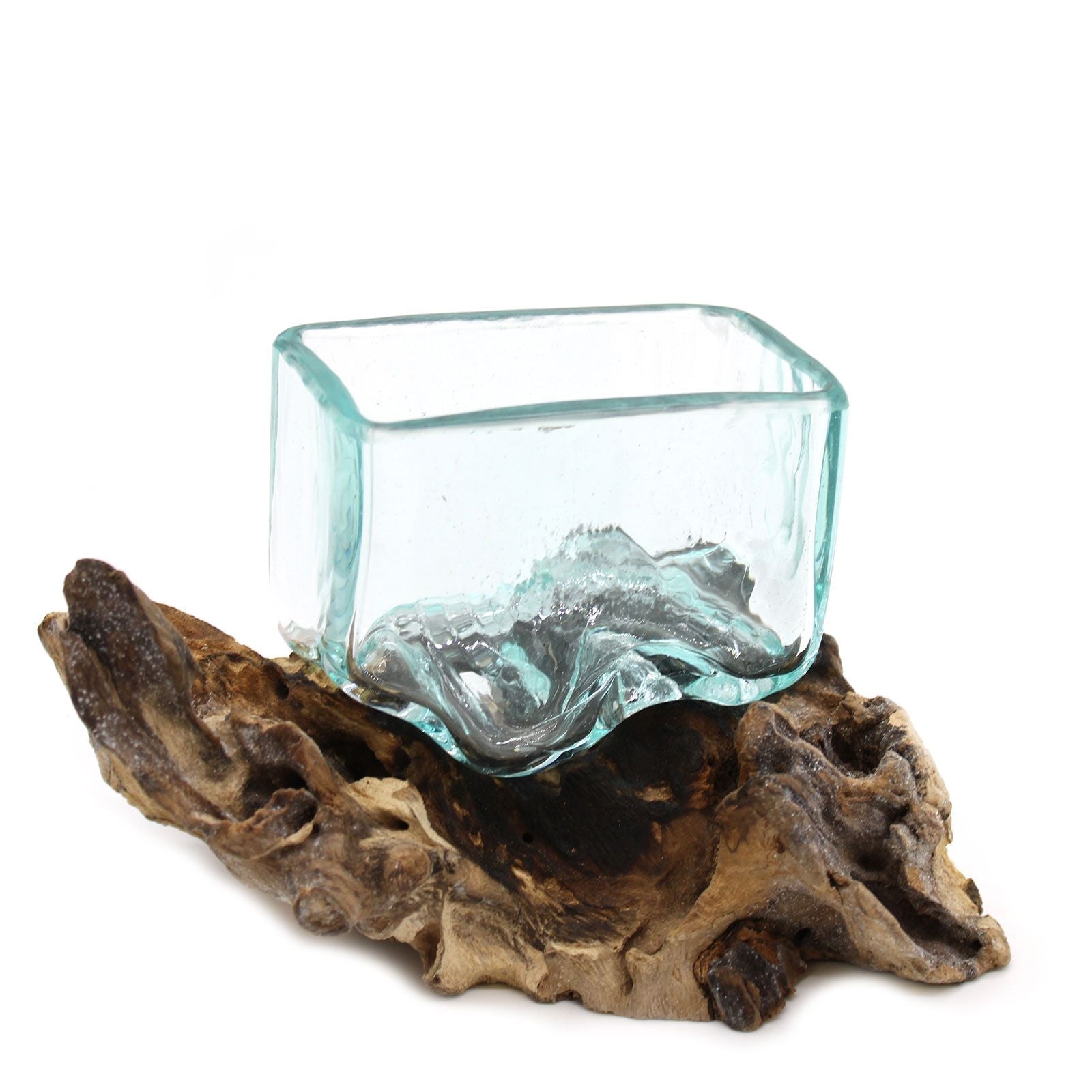 Molten Glass on Wood Bowl with Carved Stand, Small (Hand-Blown Recycled Glass)