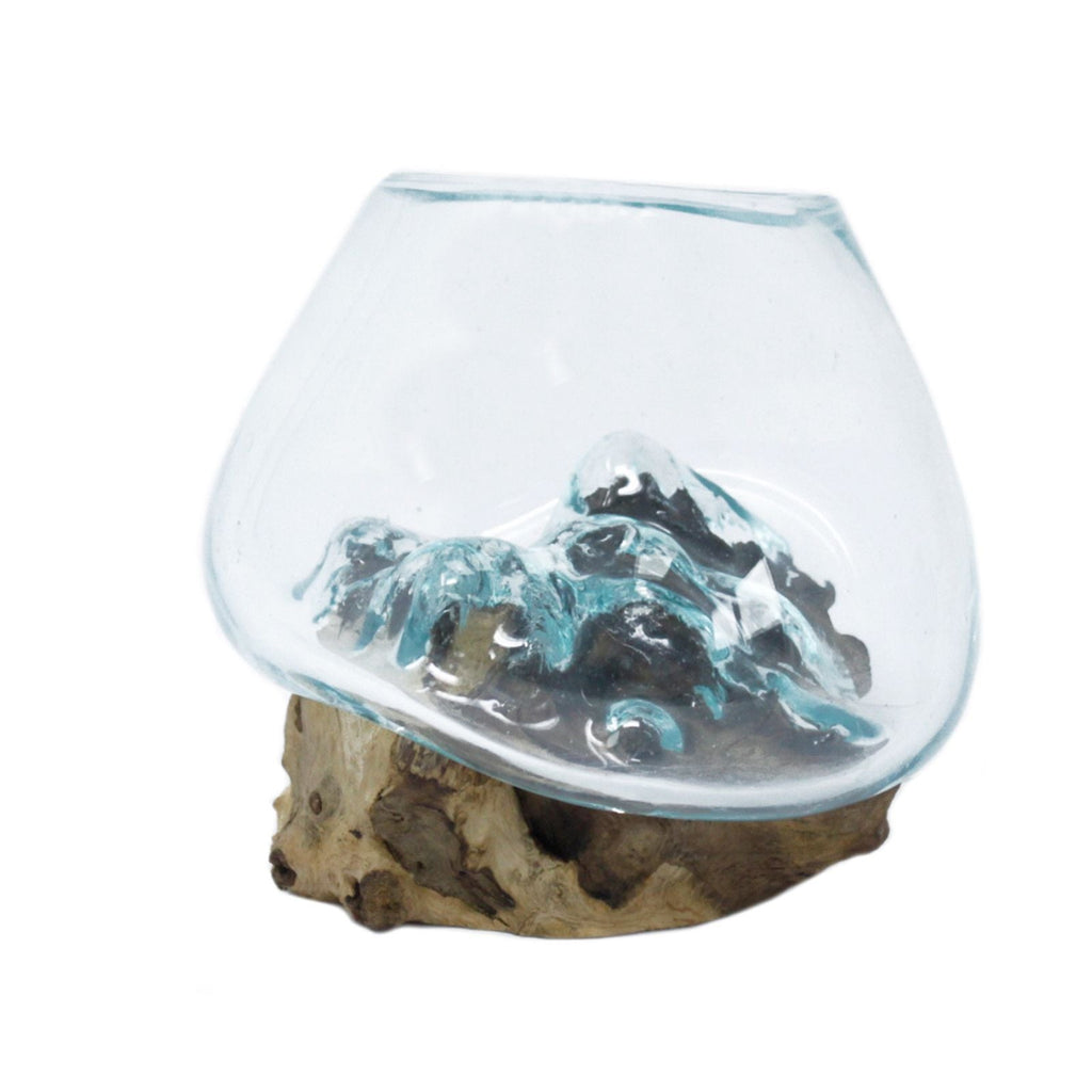 Molten Glass on Wood Bowl, Small (Hand-Blown Recycled Glass) - Molten Root