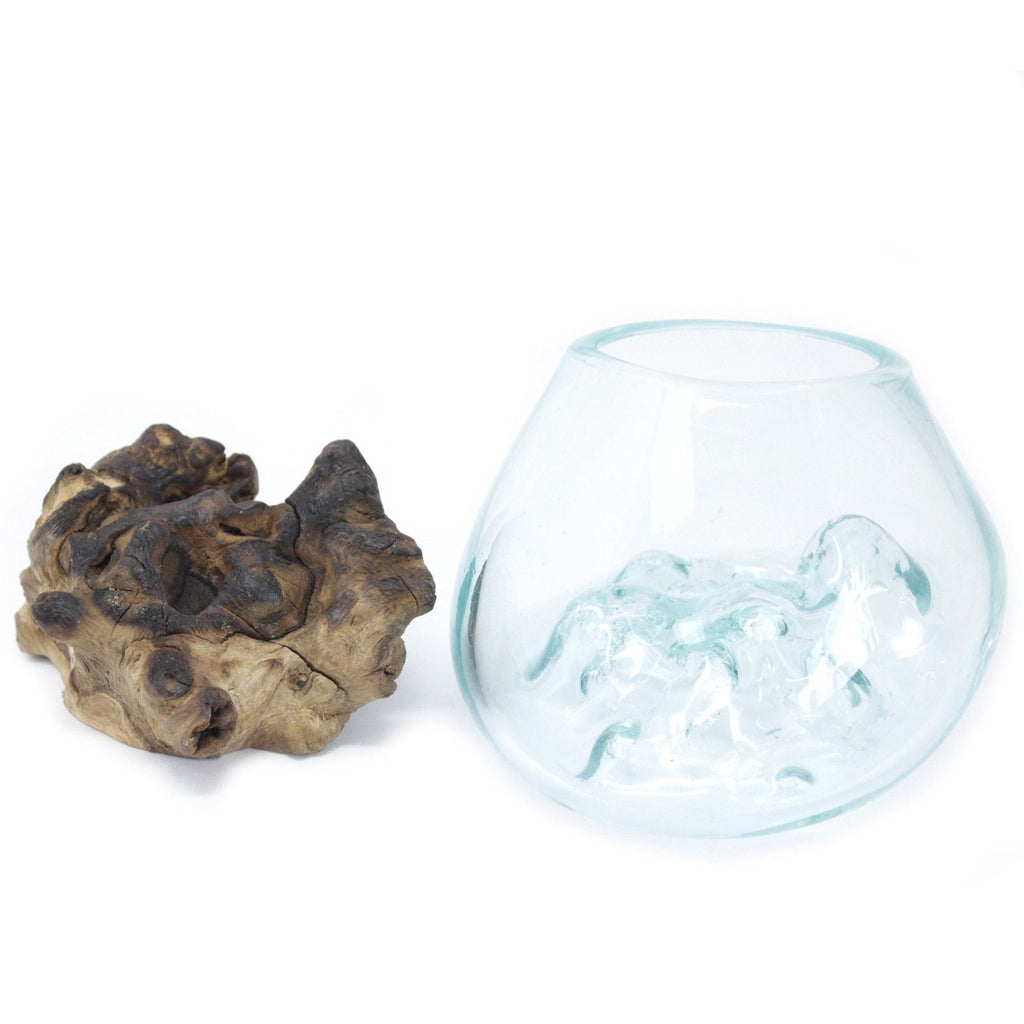 Molten Glass on Wood Bowl, Small (Hand-Blown Recycled Glass) - Molten Root