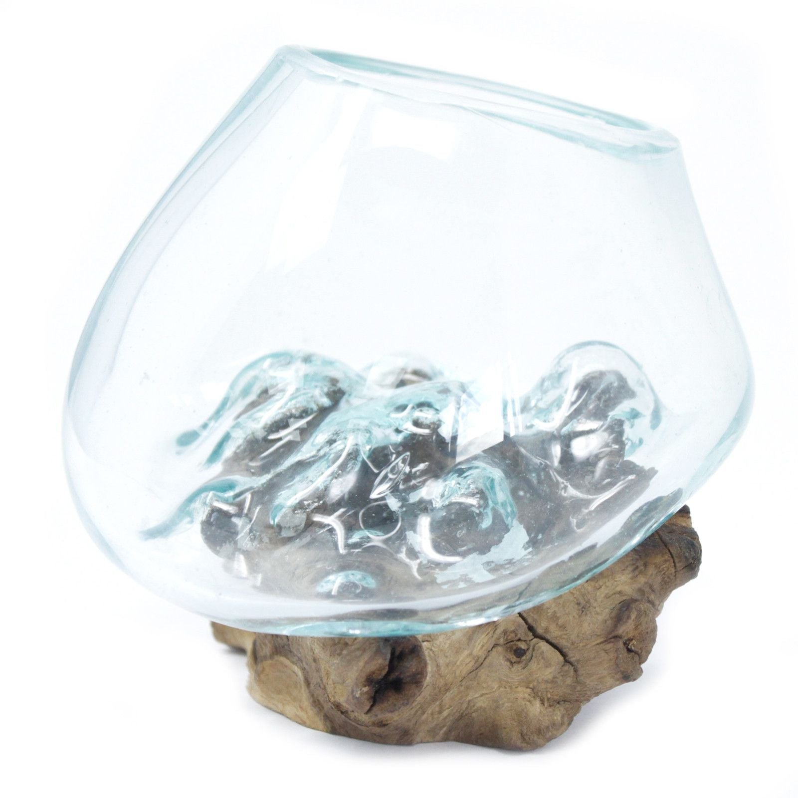 Molten Glass on Wood Bowl, Small (Hand-Blown Recycled Glass) - Molten Root