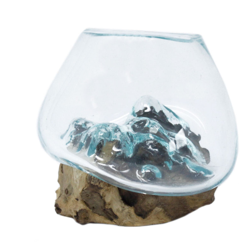 Molten Glass on Wood Bowl, Small (Hand-Blown Recycled Glass) - Molten Root