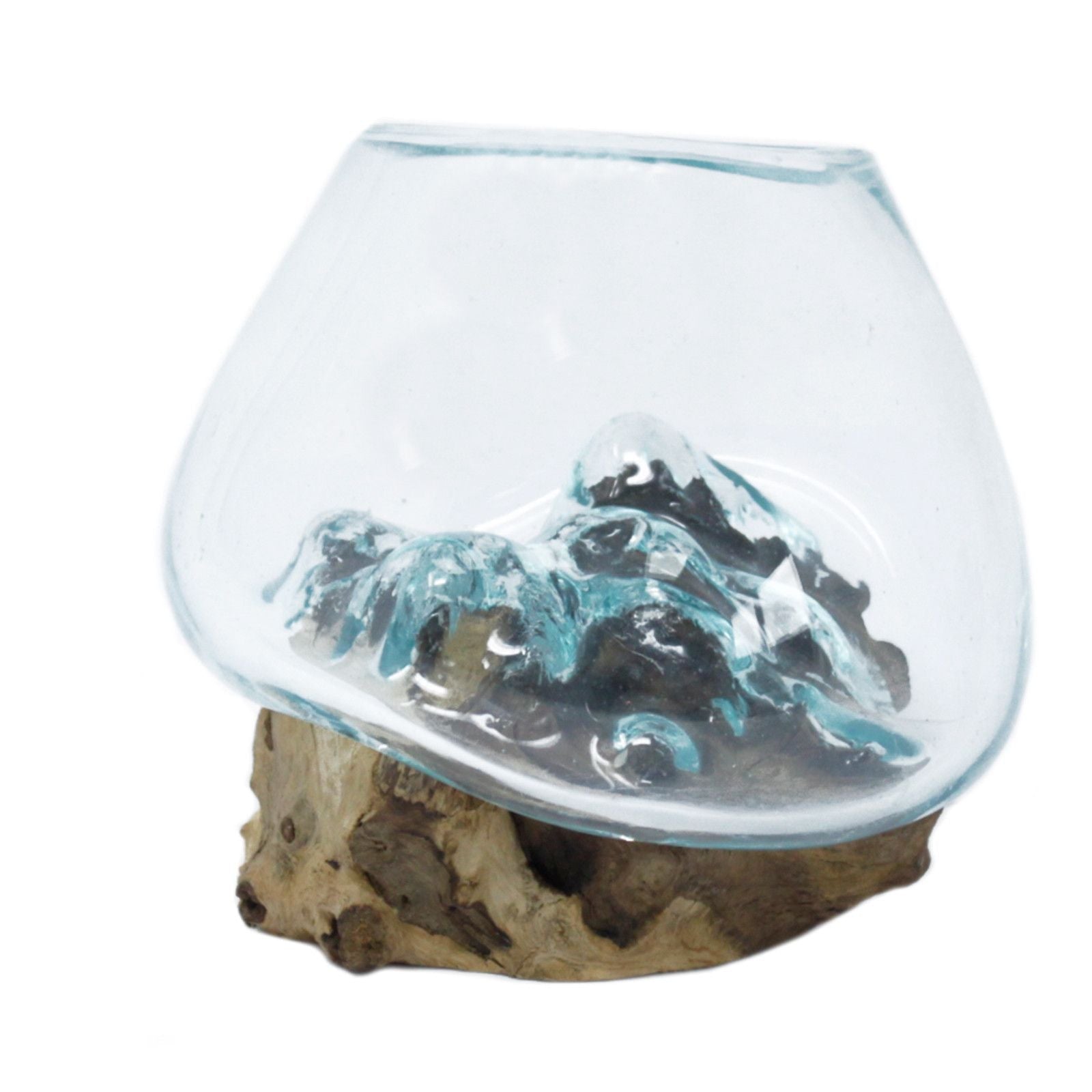 Molten Glass on Wood Bowl, Small (Hand-Blown Recycled Glass) - Molten Root