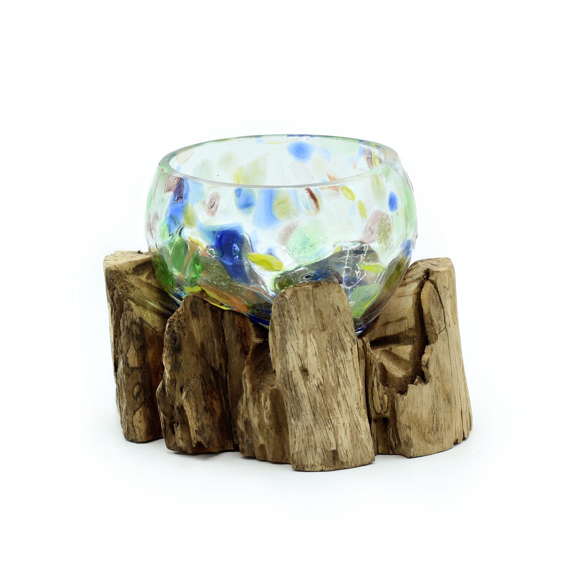 Molten Coloured Glass on Wood Bowl, Small (Hand-Blown Recycled Glass)