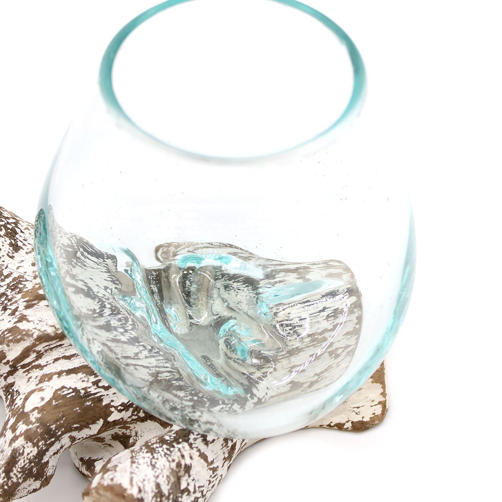 Molten Glass on Whitewash Wood Bowl, Small (Hand-Blown Recycled Glass)