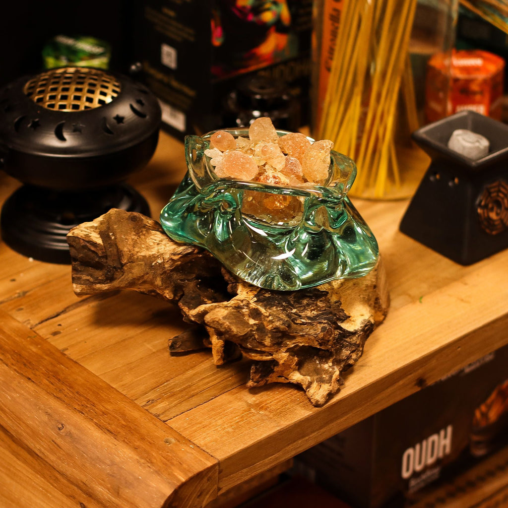 Molten Glass on Wood Candle Holder & Ashtray, 23cm (Recycled Glass) - Molten Root