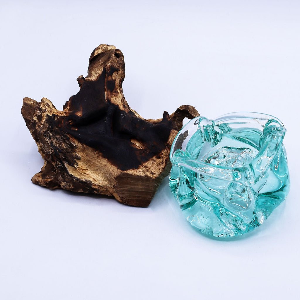 Molten Glass on Wood Candle Holder & Ashtray, 23cm (Recycled Glass) - Molten Root