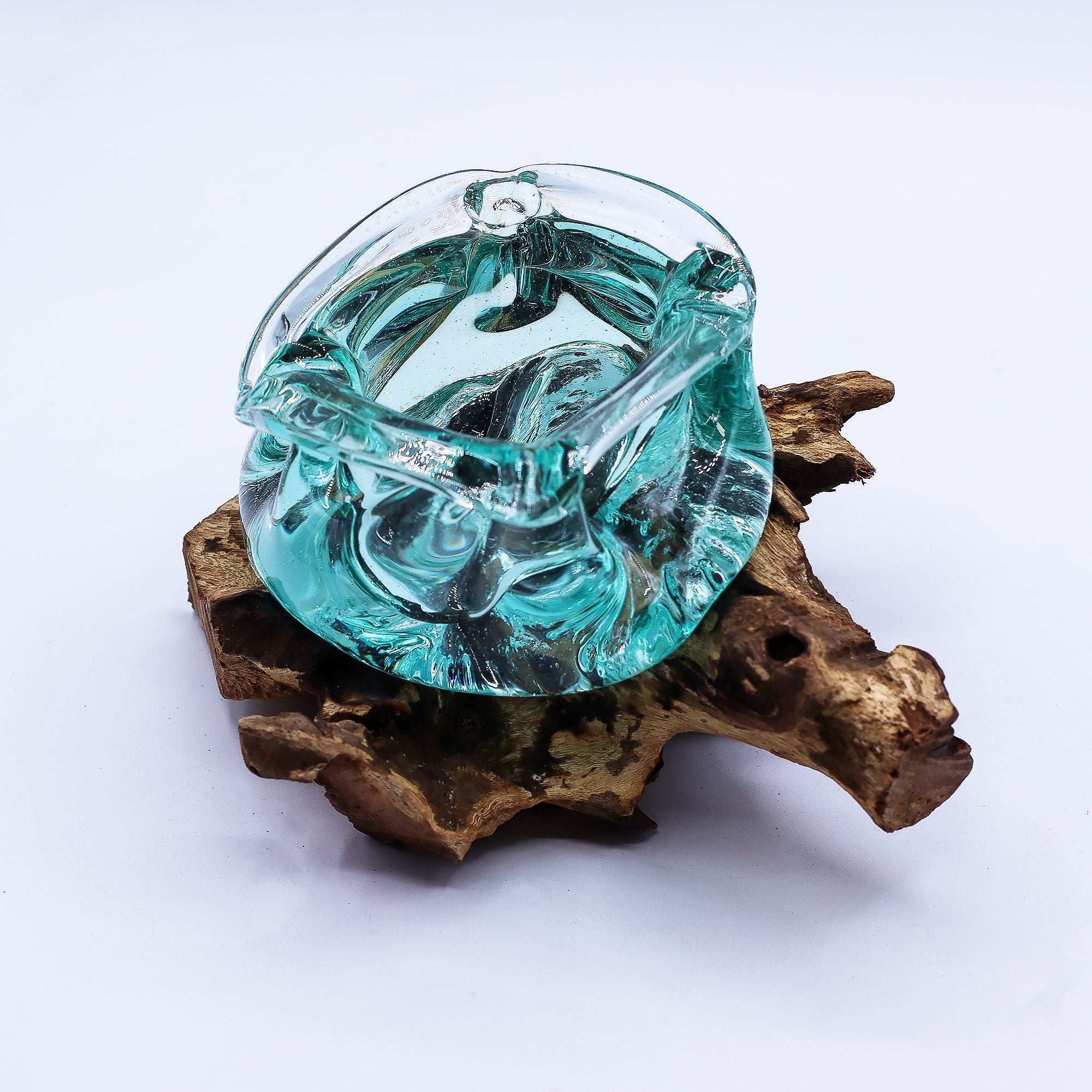 Molten Glass on Wood Candle Holder & Ashtray, 23cm (Recycled Glass) - Molten Root