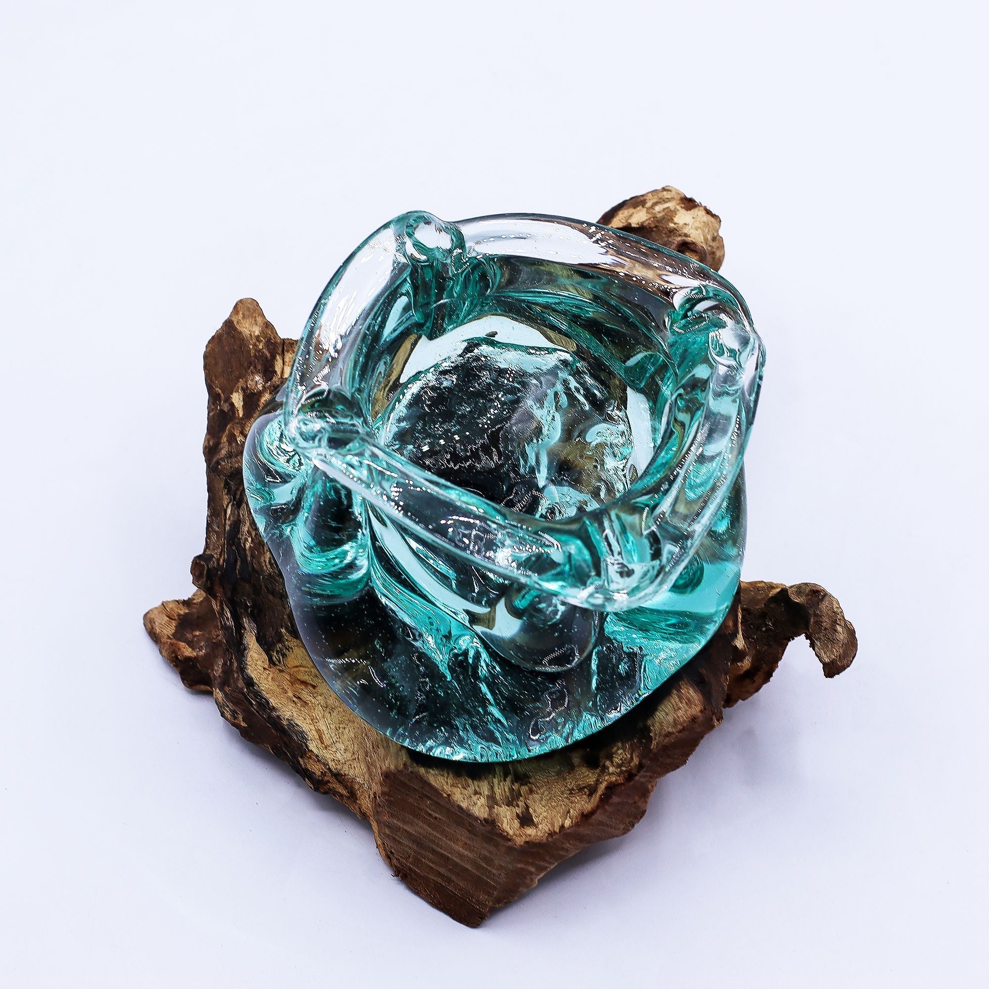 Molten Glass on Wood Candle Holder & Ashtray, 23cm (Recycled Glass) - Molten Root