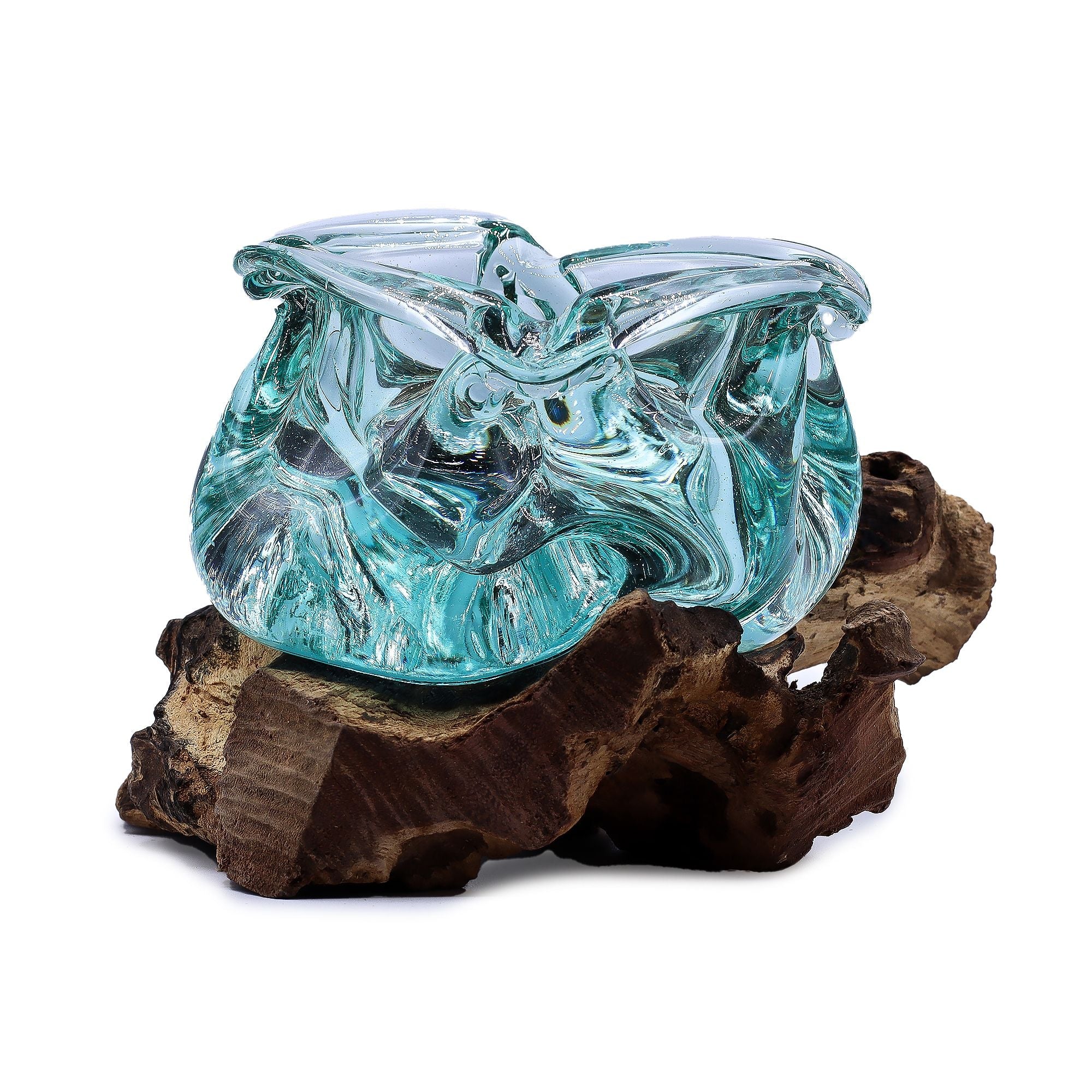 Molten Glass on Wood Candle Holder & Ashtray, 23cm (Recycled Glass) - Molten Root