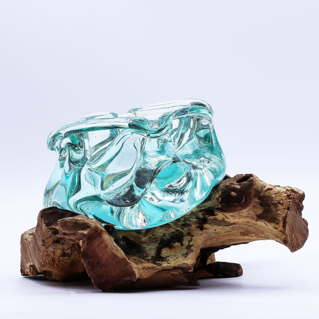 Molten Glass on Wood Candle Holder & Ashtray, 23cm (Recycled Glass) - Molten Root