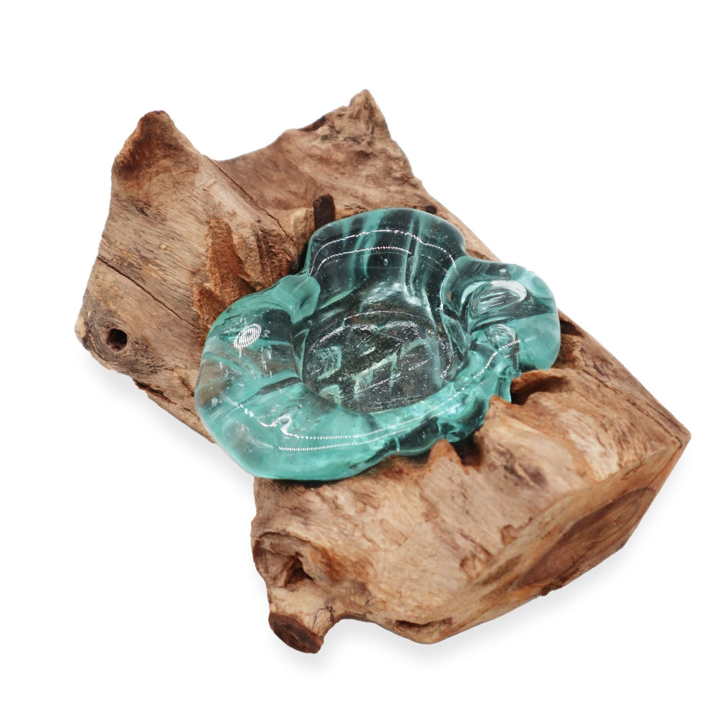 Molten Glass on Wood Candle Holder, Single (Hand-Blown Recycled Glass) - Molten Root