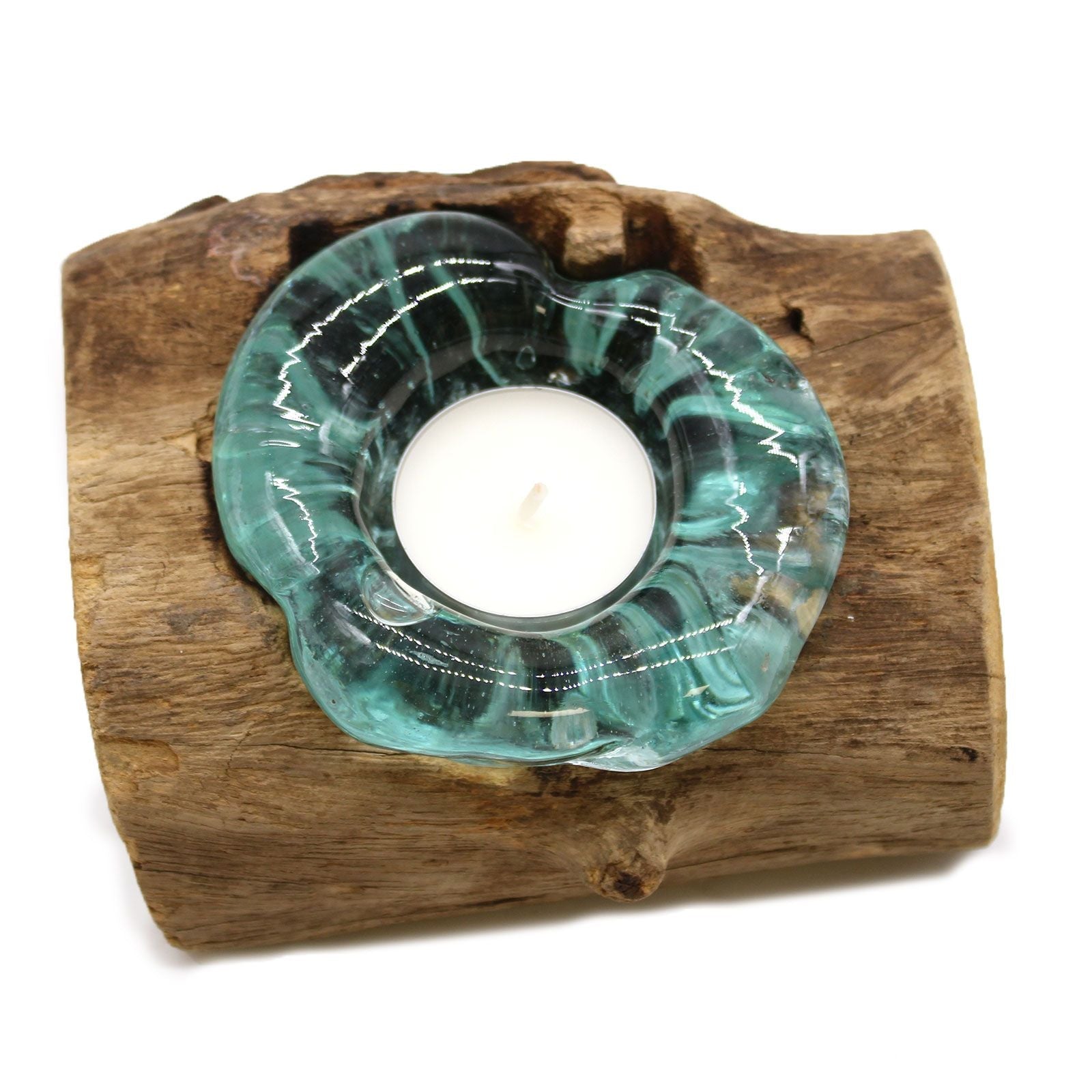 Molten Glass on Wood Candle Holder, Single (Hand-Blown Recycled Glass) - Molten Root