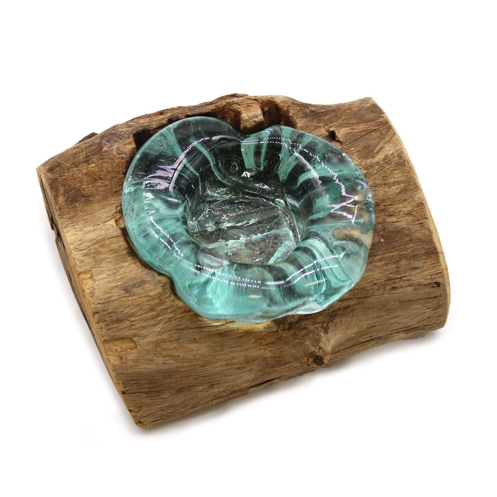Molten Glass on Wood Candle Holder, Single (Hand-Blown Recycled Glass) - Molten Root