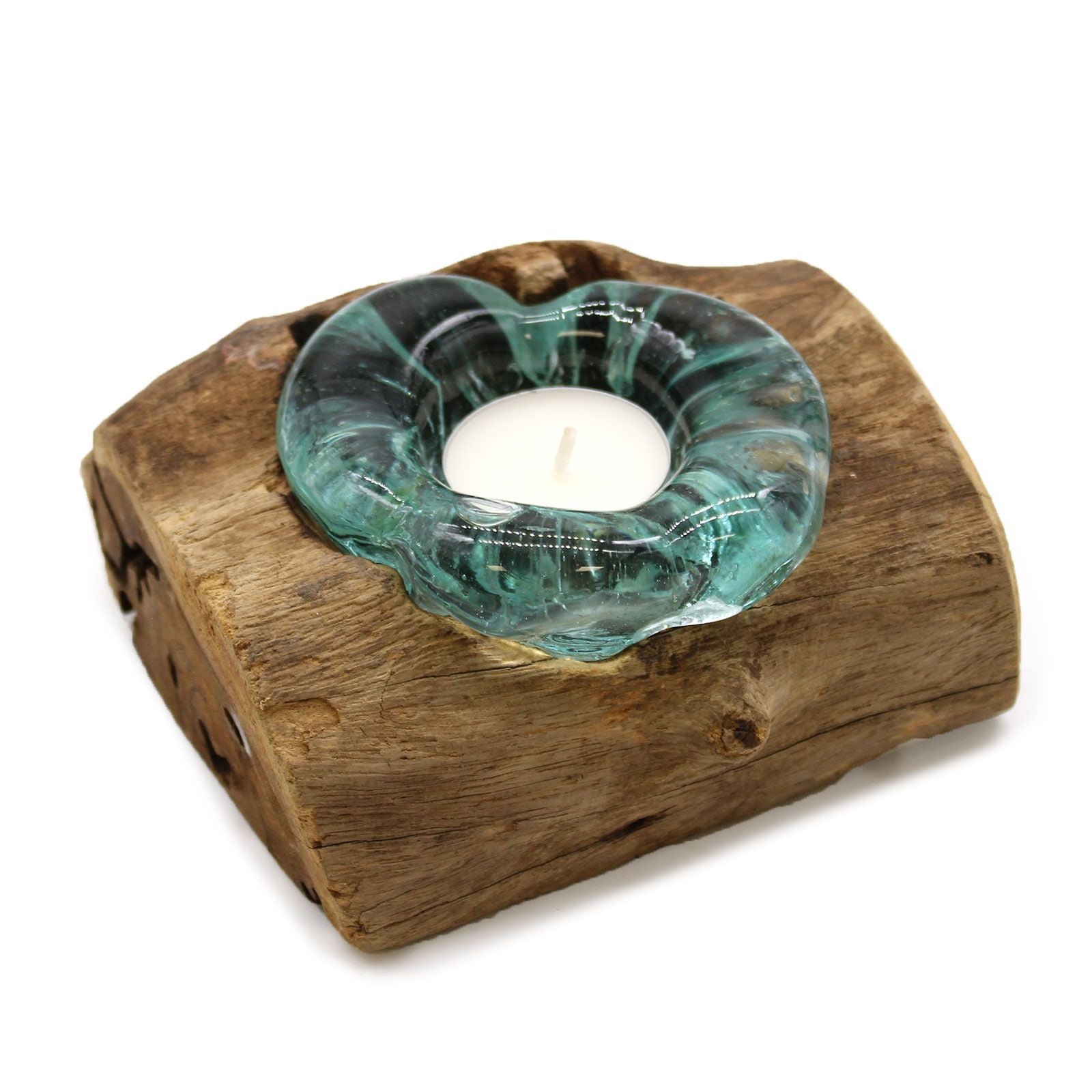 Molten Glass on Wood Candle Holder, Single (Hand-Blown Recycled Glass) - Molten Root
