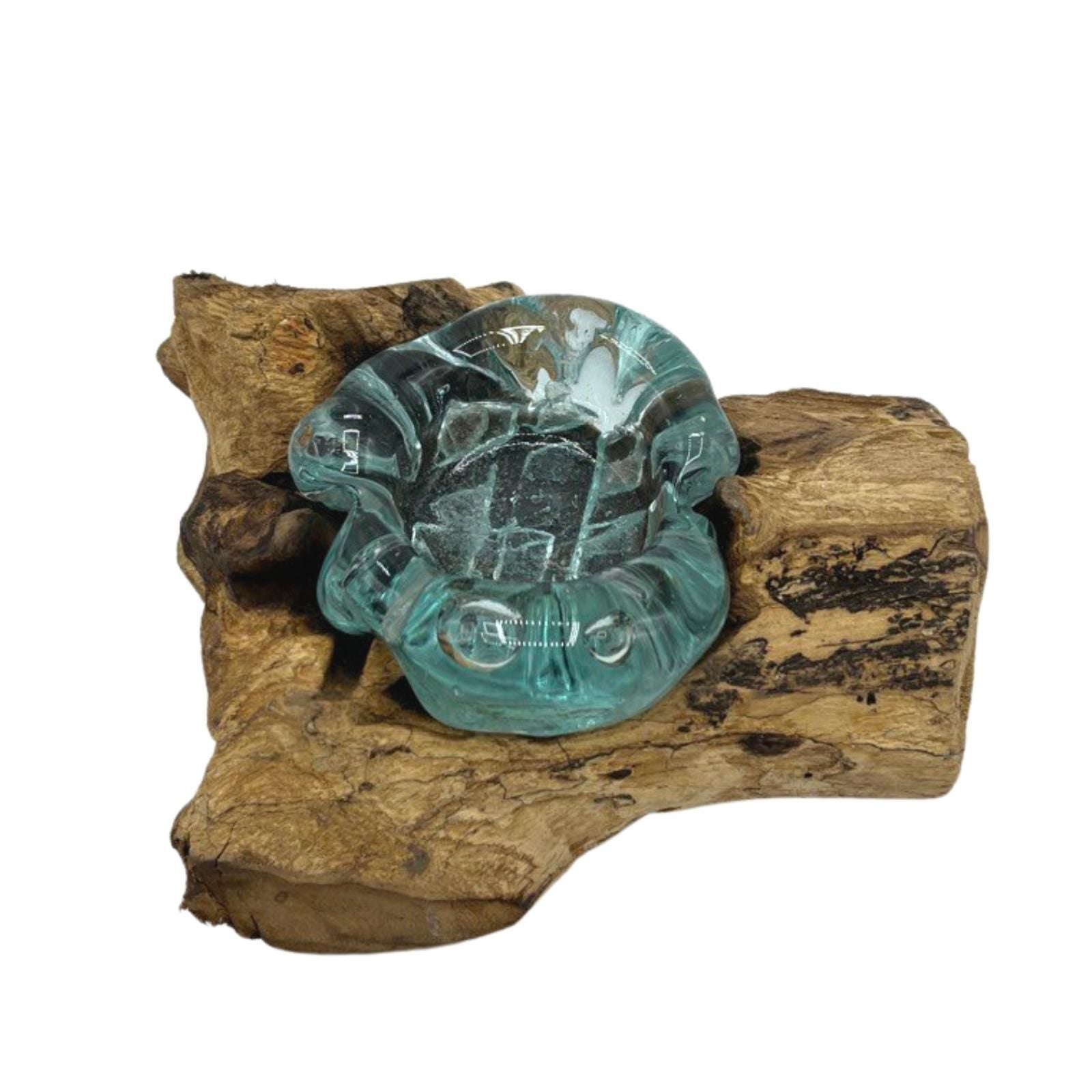 Molten Glass on Wood Candle Holder, Single (Hand-Blown Recycled Glass) - Molten Root