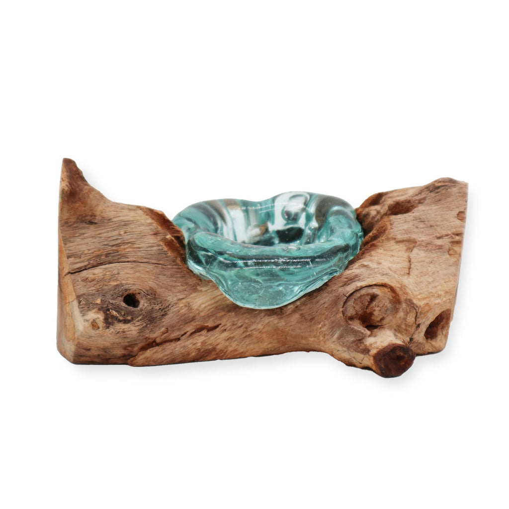 Molten Glass on Wood Candle Holder, Single (Hand-Blown Recycled Glass) - Molten Root