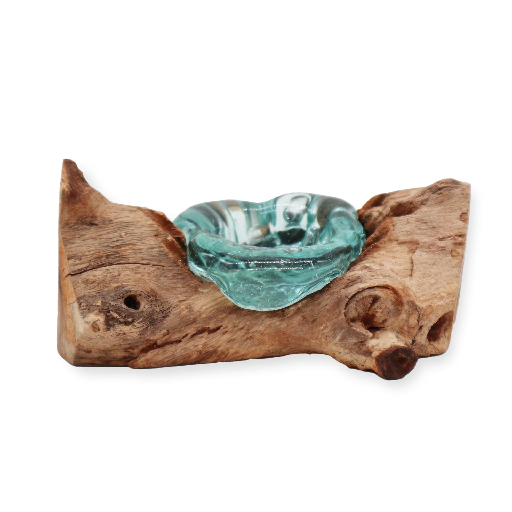 Molten Glass on Wood Candle Holder, Single (Hand-Blown Recycled Glass) - Molten Root
