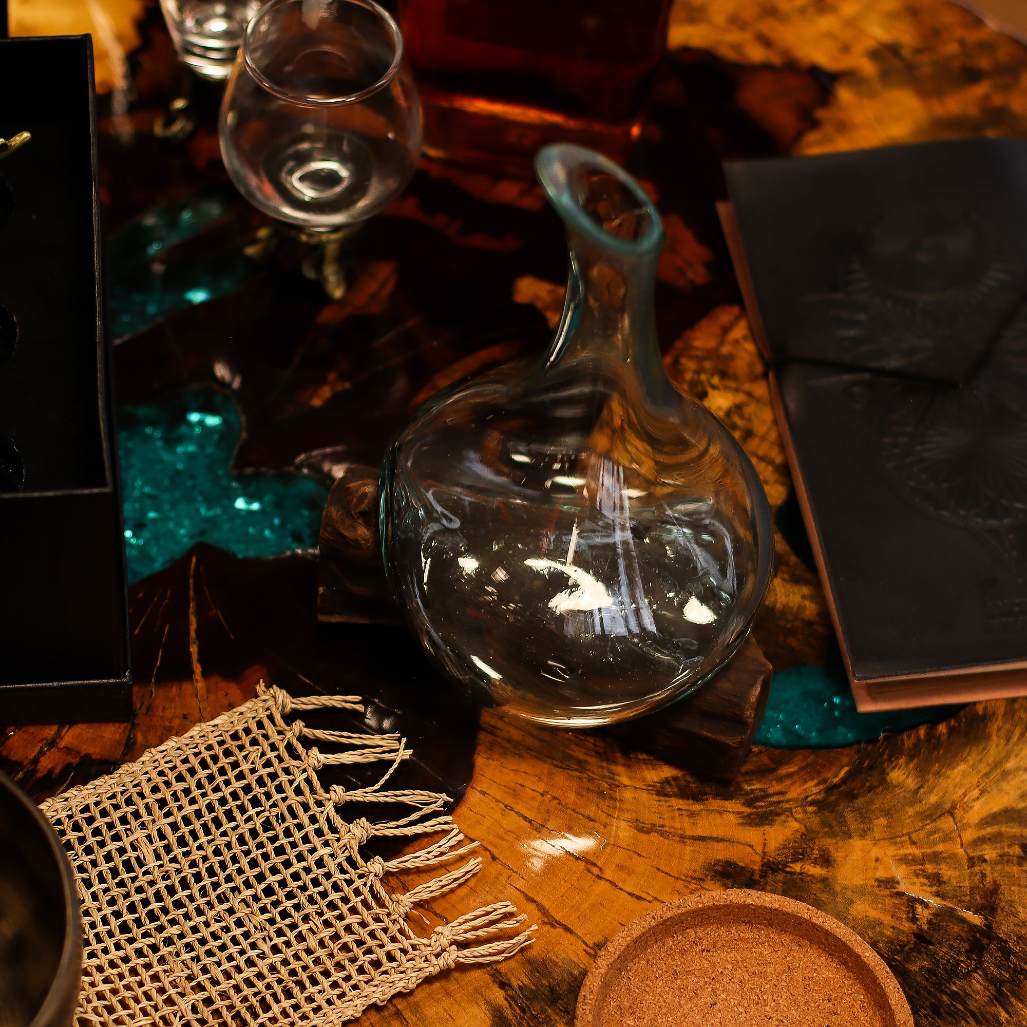 Molten Glass on Wood Decanter, Mini 20cm (Hand-Blown Recycled Glass) - Molten Root