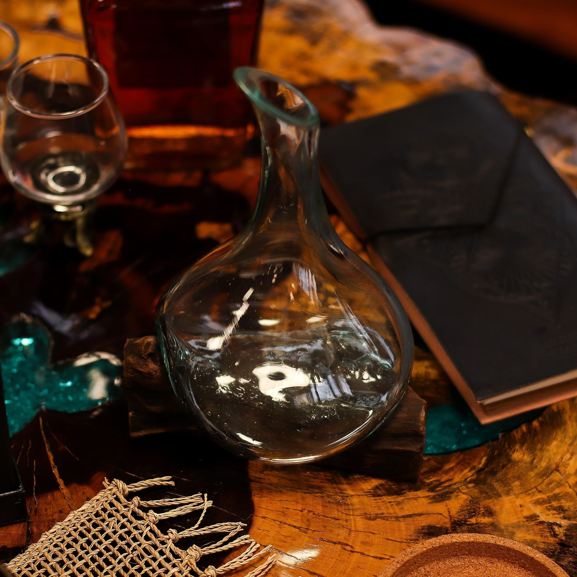 Molten Glass on Wood Decanter, Mini 20cm (Hand-Blown Recycled Glass) - Molten Root