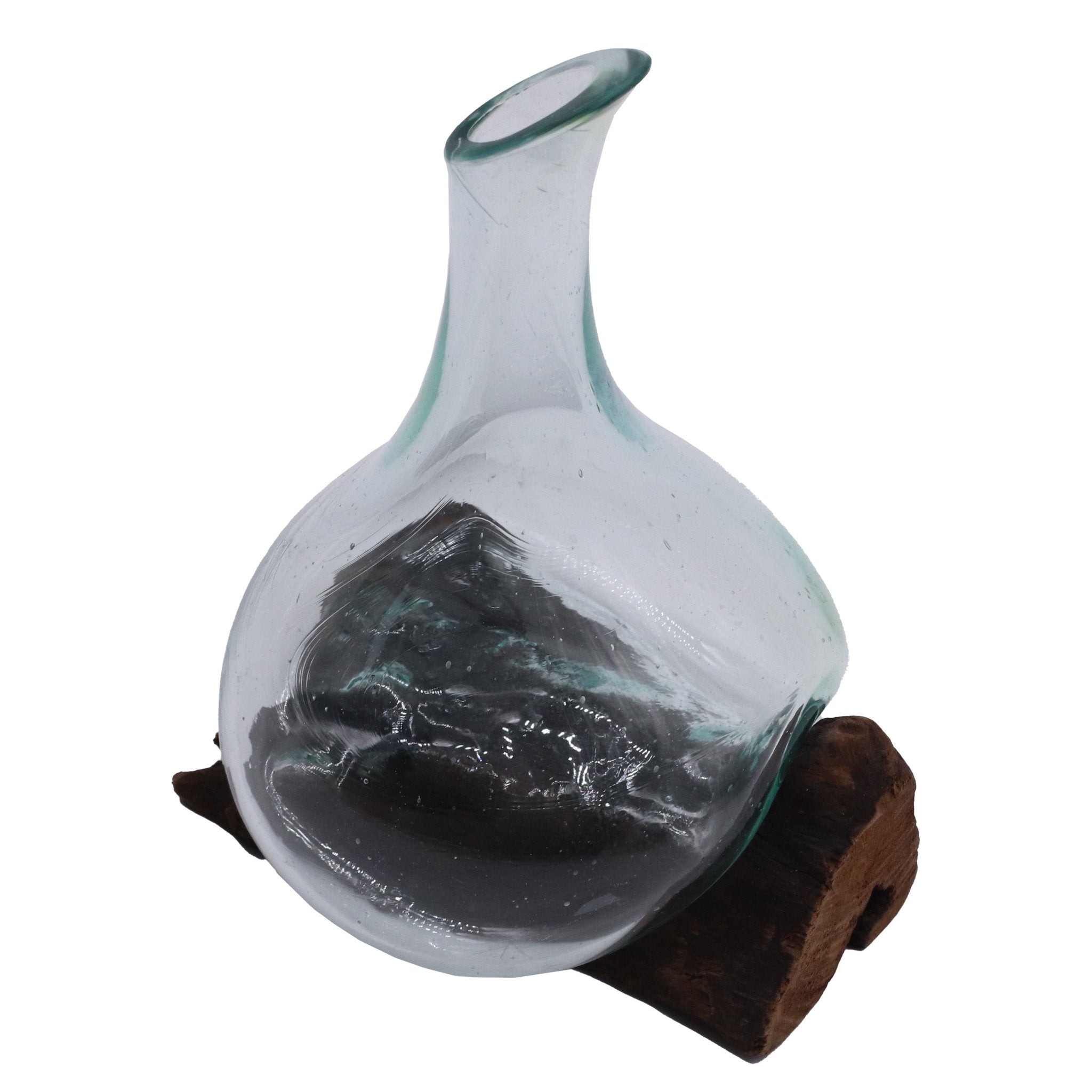 Molten Glass on Wood Decanter, Mini 20cm (Hand-Blown Recycled Glass) - Molten Root