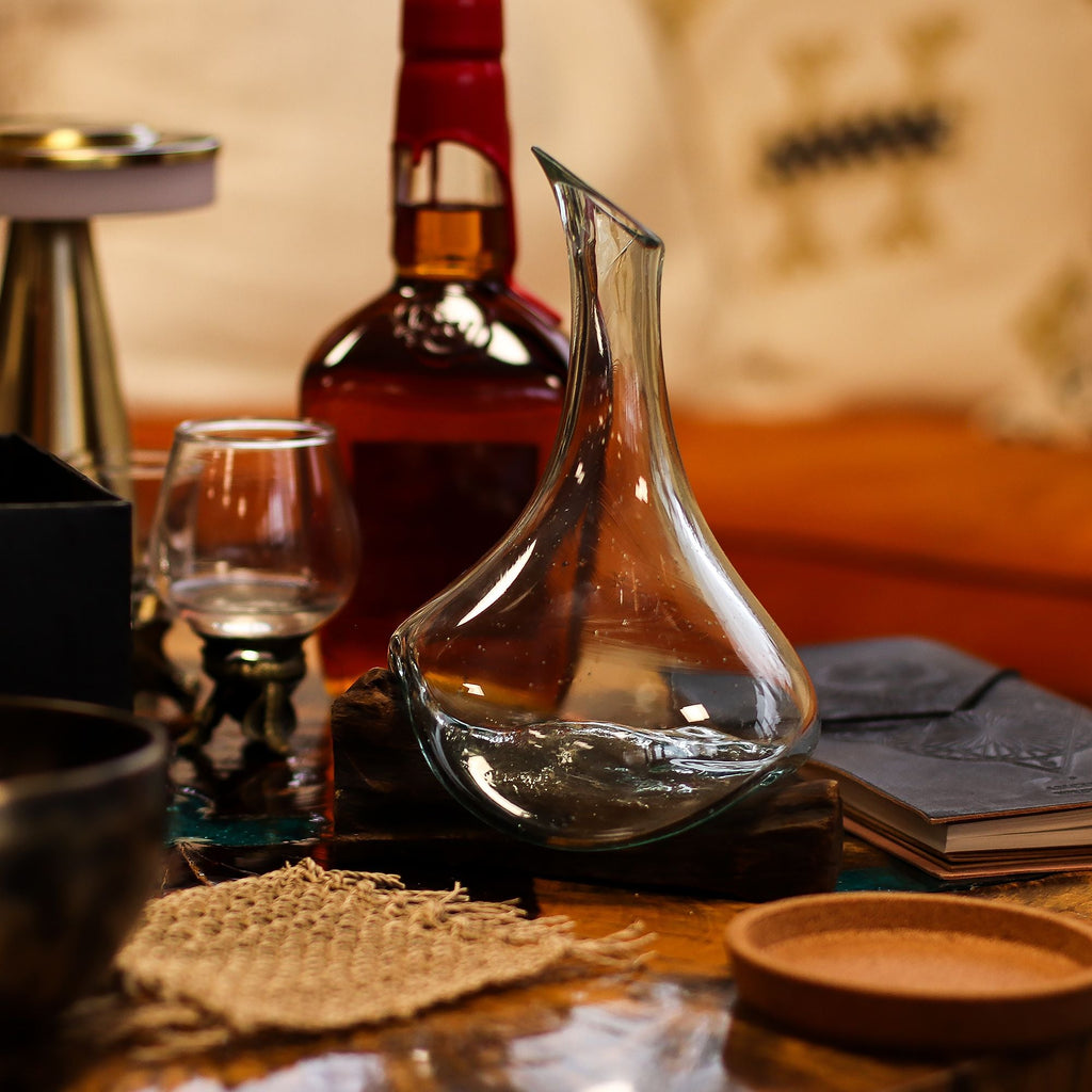 Molten Glass on Wood Decanter, Mini 20cm (Hand-Blown Recycled Glass) - Molten Root