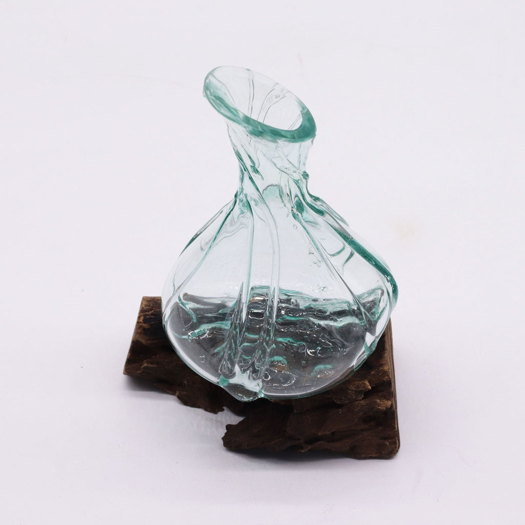 Molten Glass on Wood Decanter, Mini 24cm (Hand-Blown Recycled Glass) - Molten Root