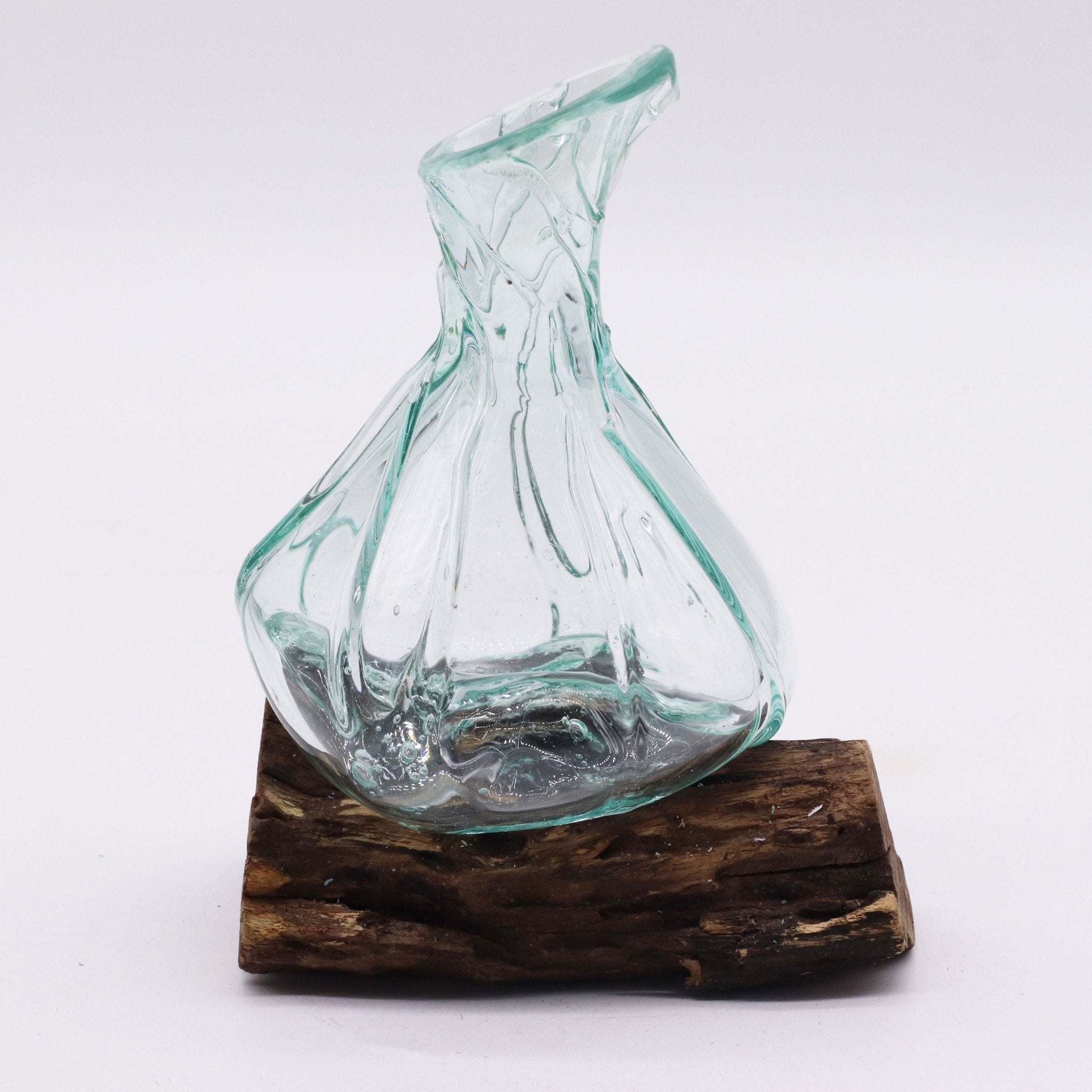 Molten Glass on Wood Decanter, Mini 24cm (Hand-Blown Recycled Glass) - Molten Root