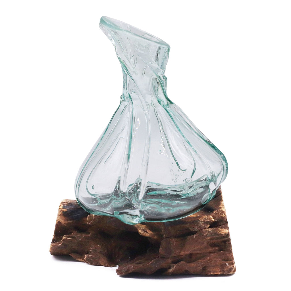 Molten Glass on Wood Decanter, Mini 24cm (Hand-Blown Recycled Glass) - Molten Root