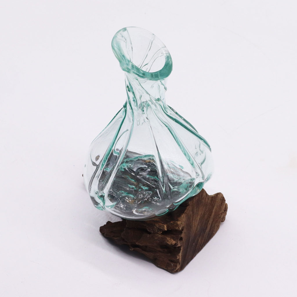 Molten Glass on Wood Decanter, Mini 24cm (Hand-Blown Recycled Glass) - Molten Root