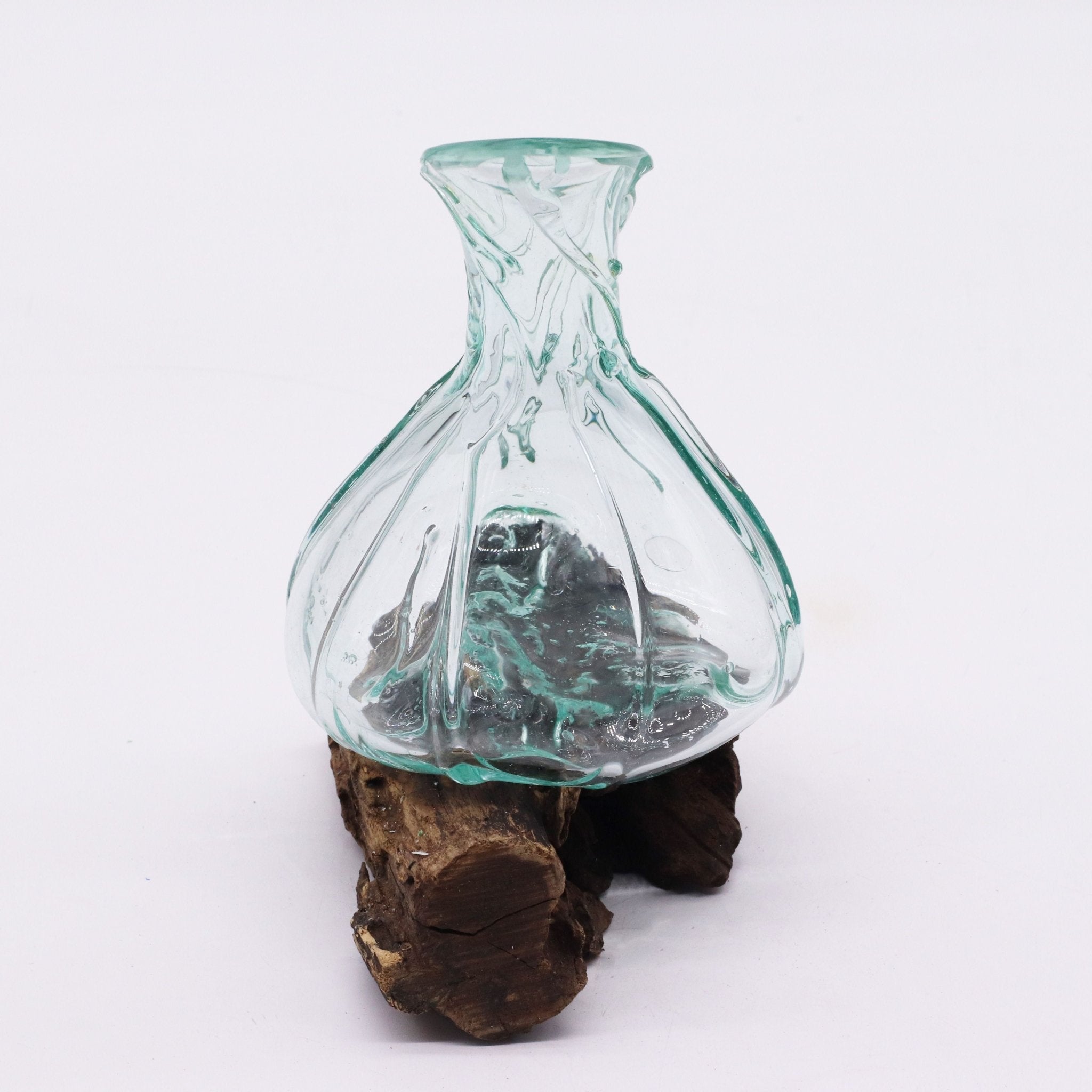 Molten Glass on Wood Decanter, Mini 24cm (Hand-Blown Recycled Glass) - Molten Root