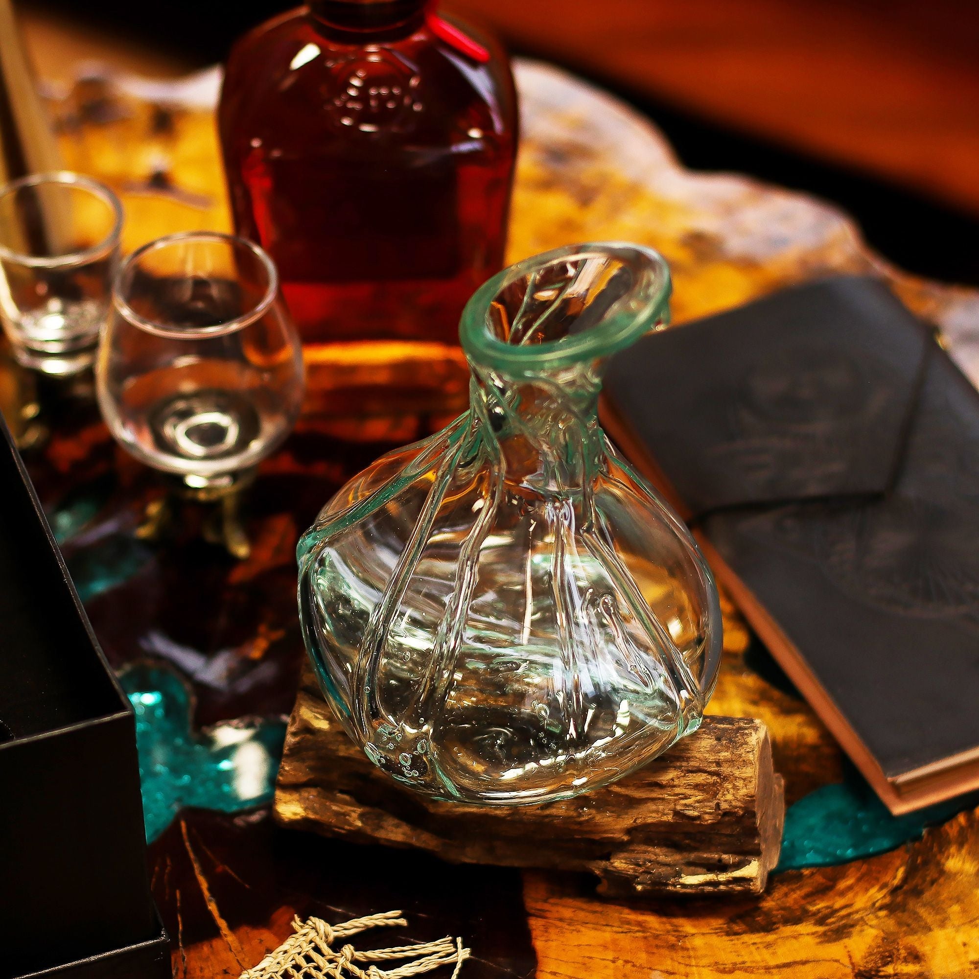 Molten Glass on Wood Decanter, Mini 24cm (Hand-Blown Recycled Glass) - Molten Root