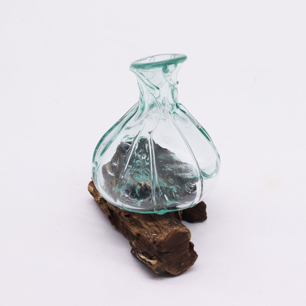 Molten Glass on Wood Decanter, Mini 24cm (Hand-Blown Recycled Glass) - Molten Root