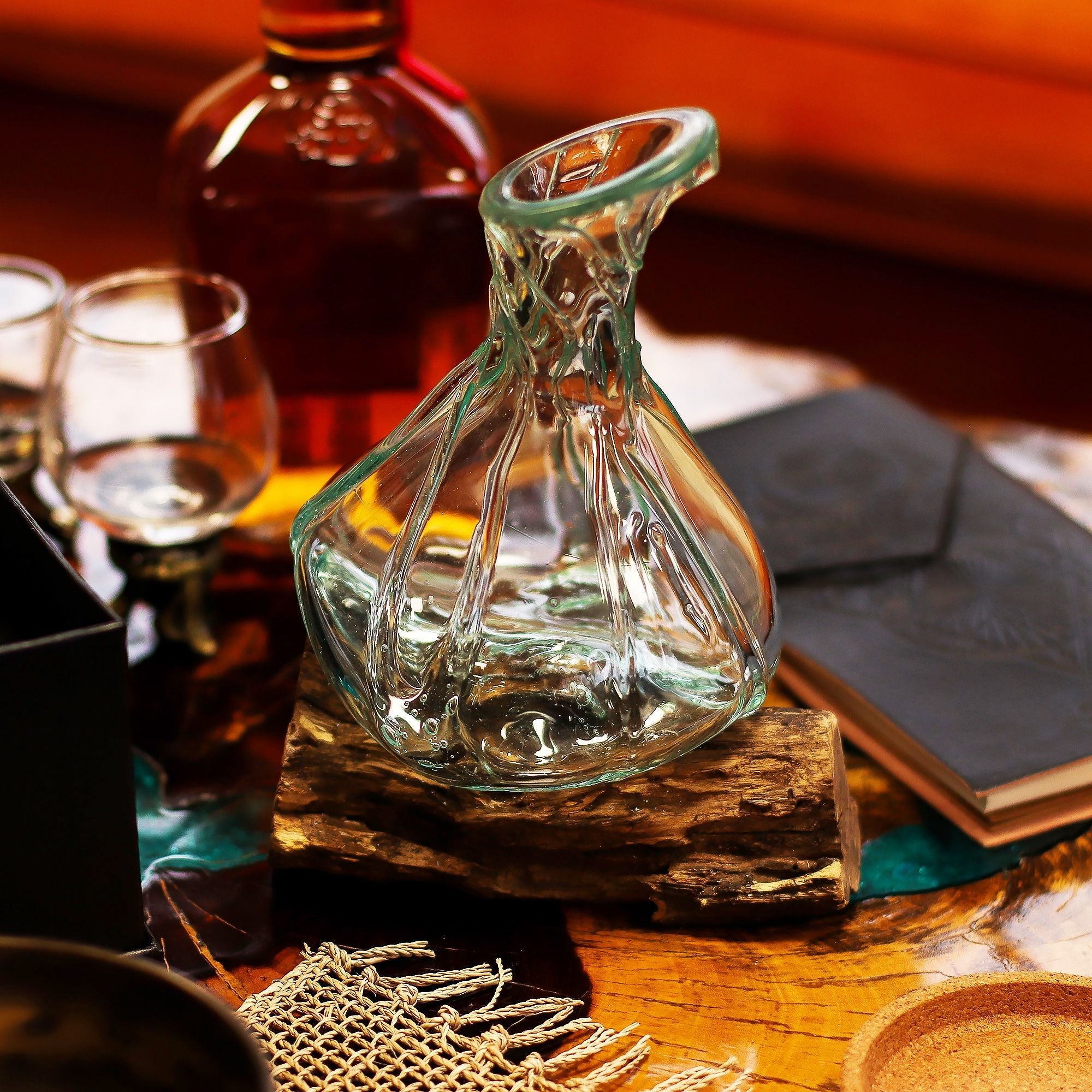 Molten Glass on Wood Decanter, Mini 24cm (Hand-Blown Recycled Glass) - Molten Root