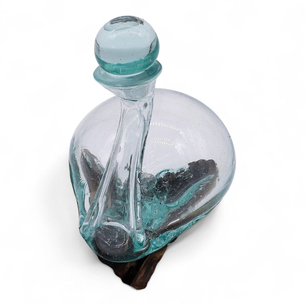 Molten Glass on Wood Duck Decanter with Stopper, 19cm (Hand-Blown Recycled Glass) - Molten Root