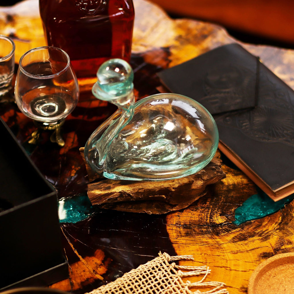 Molten Glass on Wood Duck Decanter with Stopper, 19cm (Hand-Blown Recycled Glass) - Molten Root
