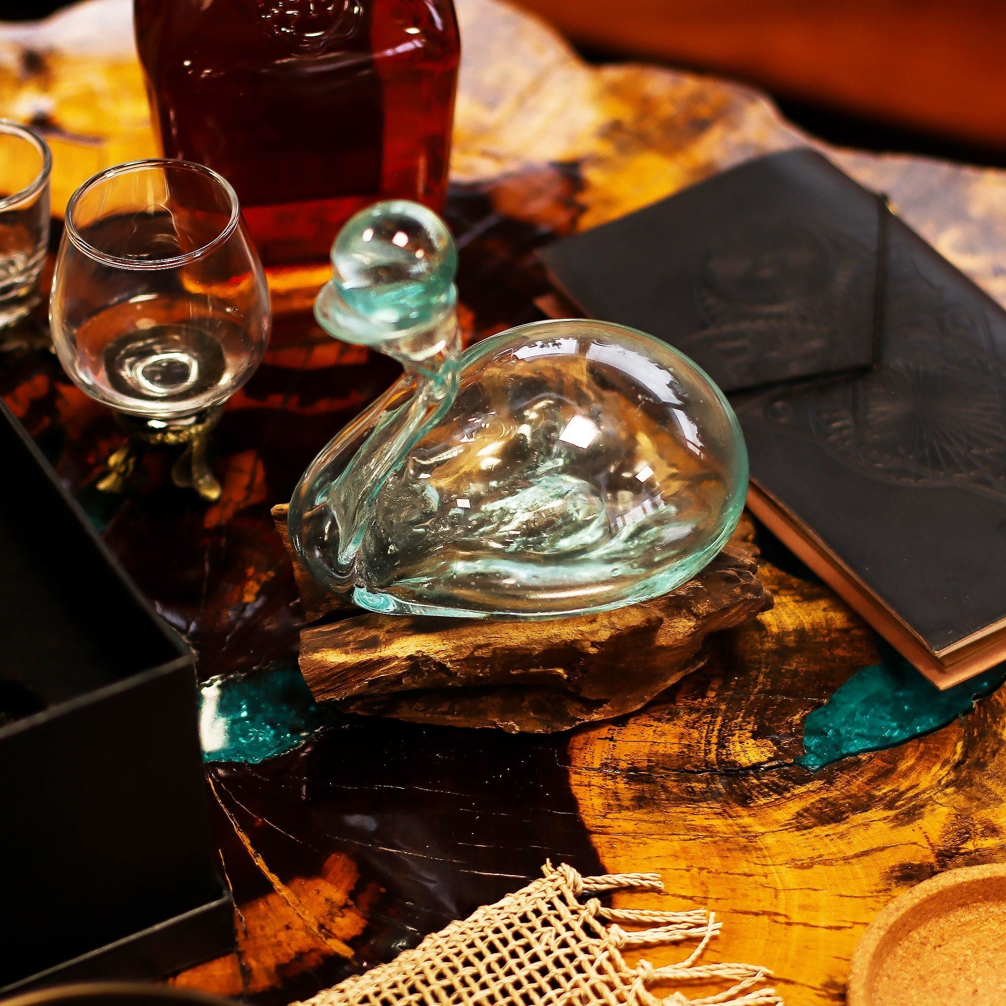 Molten Glass on Wood Duck Decanter with Stopper, 19cm (Hand-Blown Recycled Glass) - Molten Root