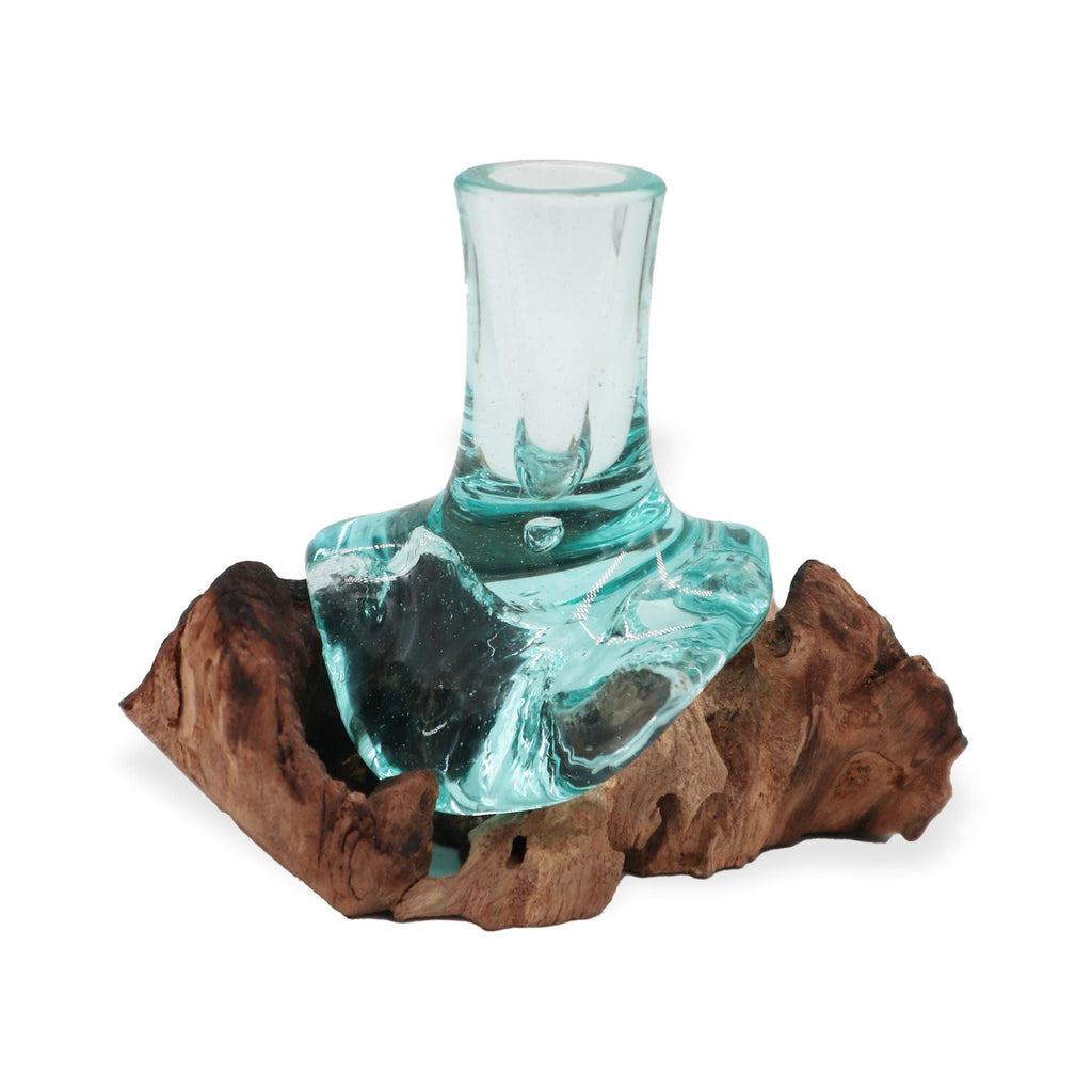 Molten Glass on Wood Flower Vase, Small (Hand-Blown Recycled Glass) - Molten Root