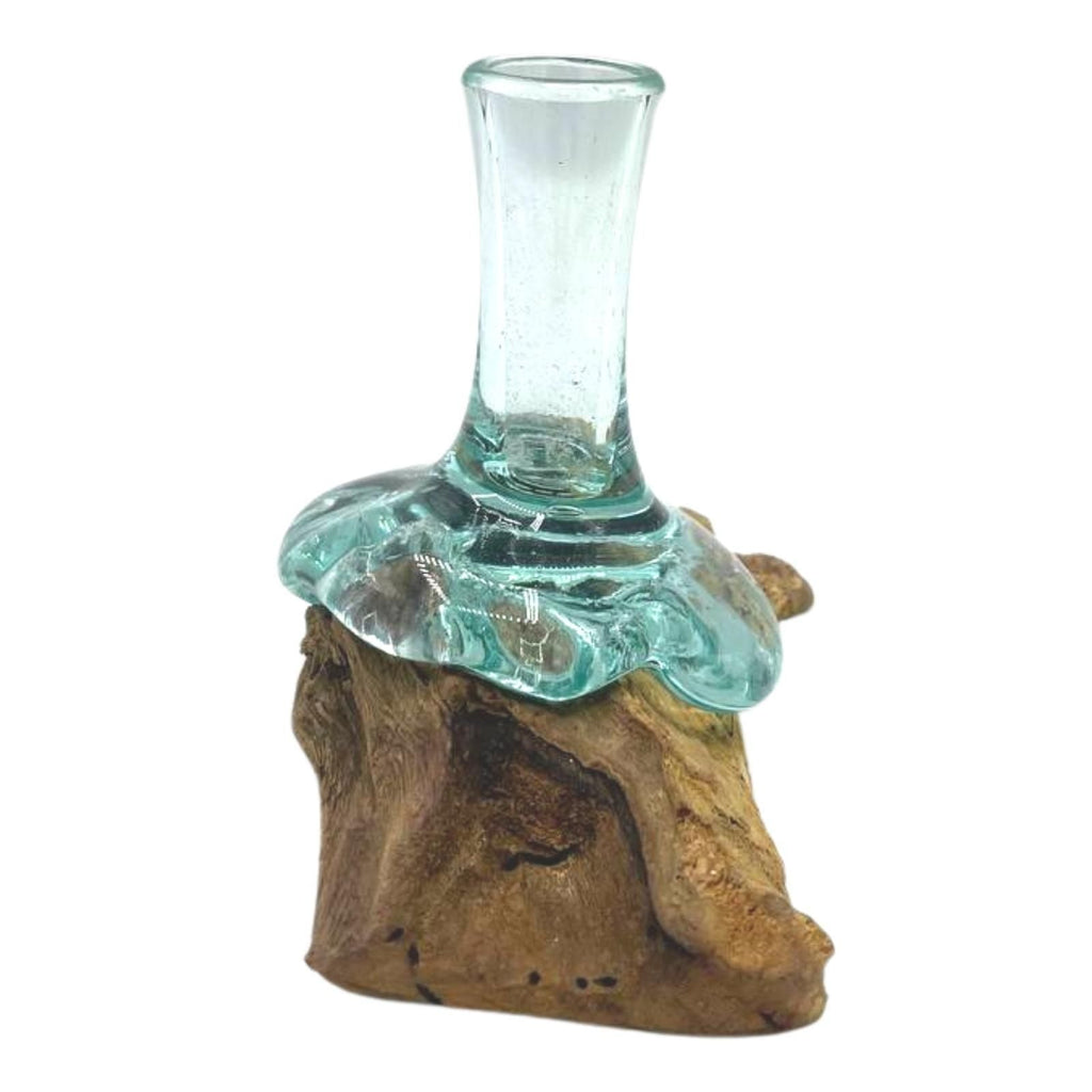 Molten Glass on Wood Flower Vase, Small (Hand-Blown Recycled Glass) - Molten Root