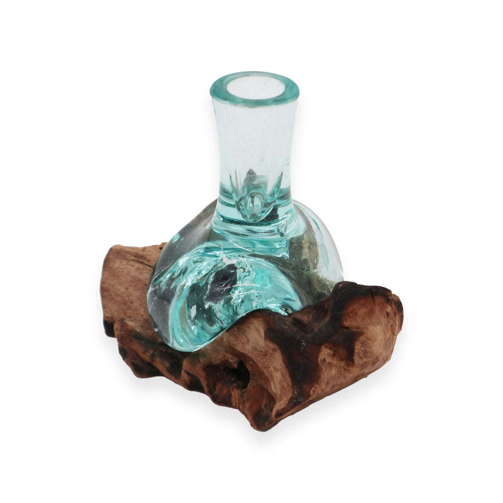 Molten Glass on Wood Flower Vase, Small (Hand-Blown Recycled Glass) - Molten Root