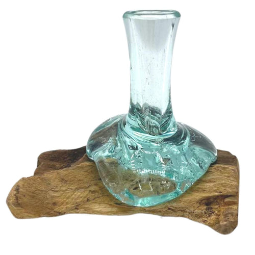 Molten Glass on Wood Flower Vase, Small (Hand-Blown Recycled Glass) - Molten Root