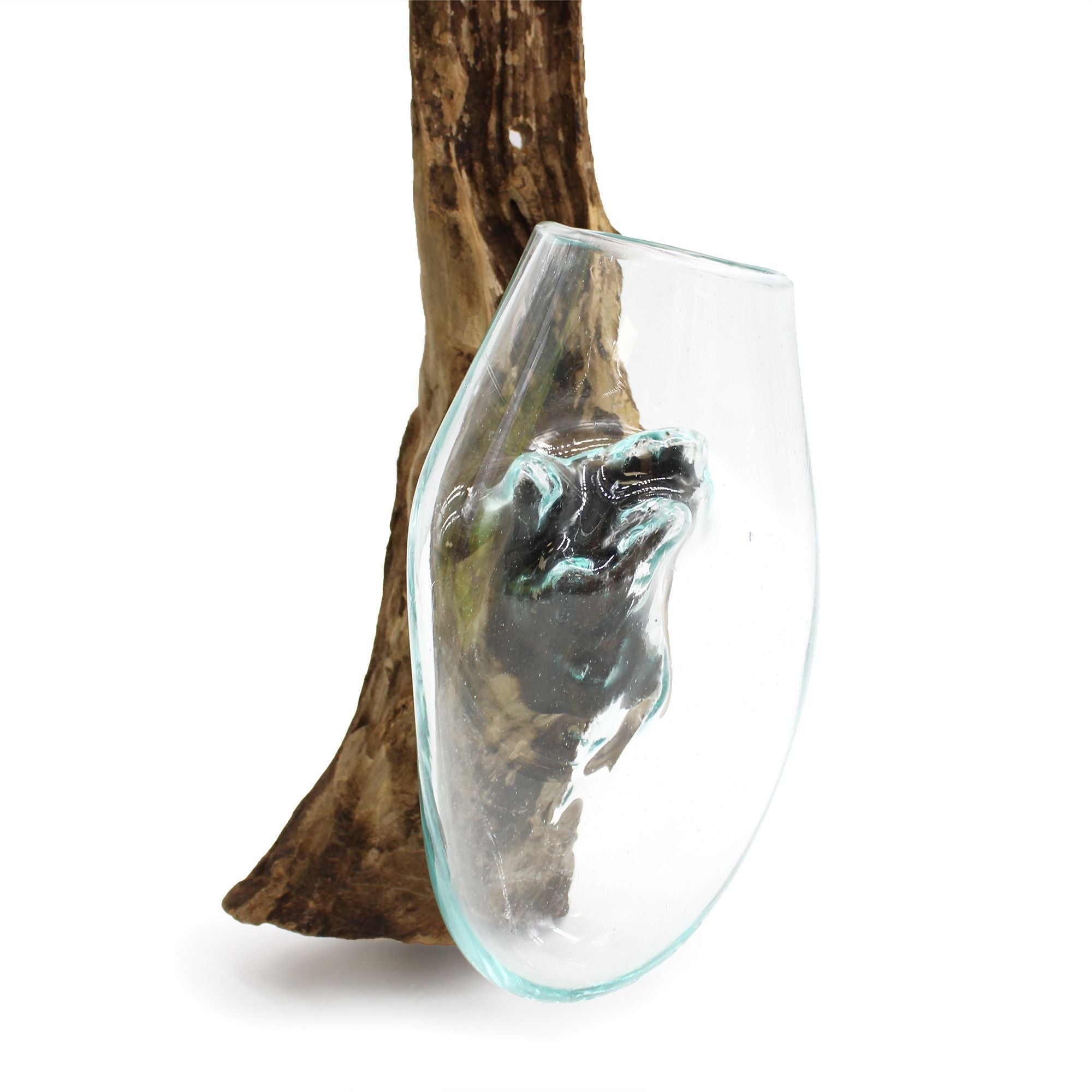 Molten Glass on Wood Hanging Bowl (Hand-Blown Recycled Glass) - Molten Root