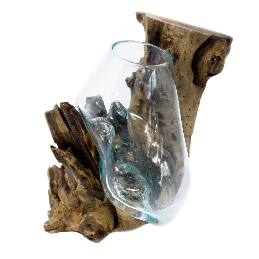 Molten Glass on Wood Hanging Bowl (Hand-Blown Recycled Glass) - Molten Root