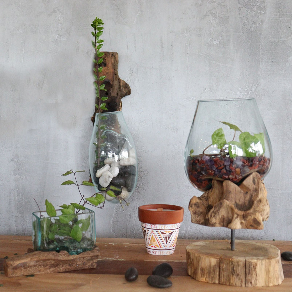 Molten Glass on Wood Hanging Bowl (Hand-Blown Recycled Glass) - Molten Root
