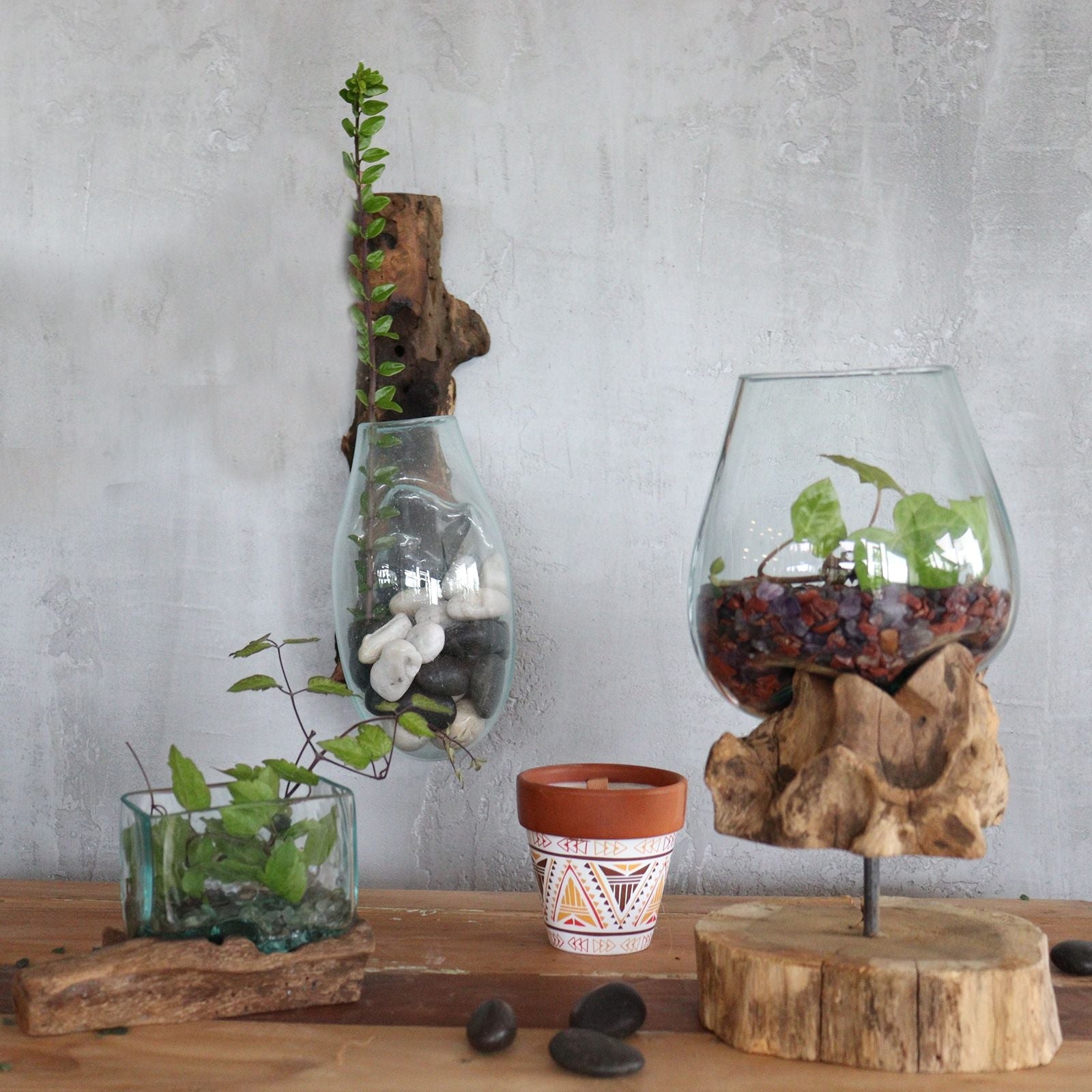 Molten Glass on Wood Hanging Bowl (Hand-Blown Recycled Glass) - Molten Root